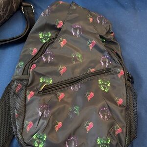 Black Backpack with Colorful Heart and Leaf Design